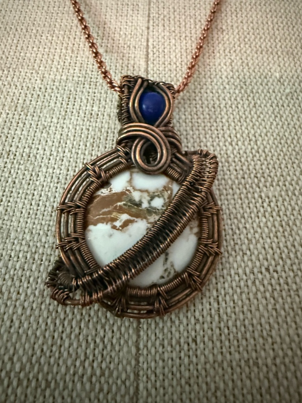 Handcrafted Copper Wire Wrapped White and Brown Stone Pendant
